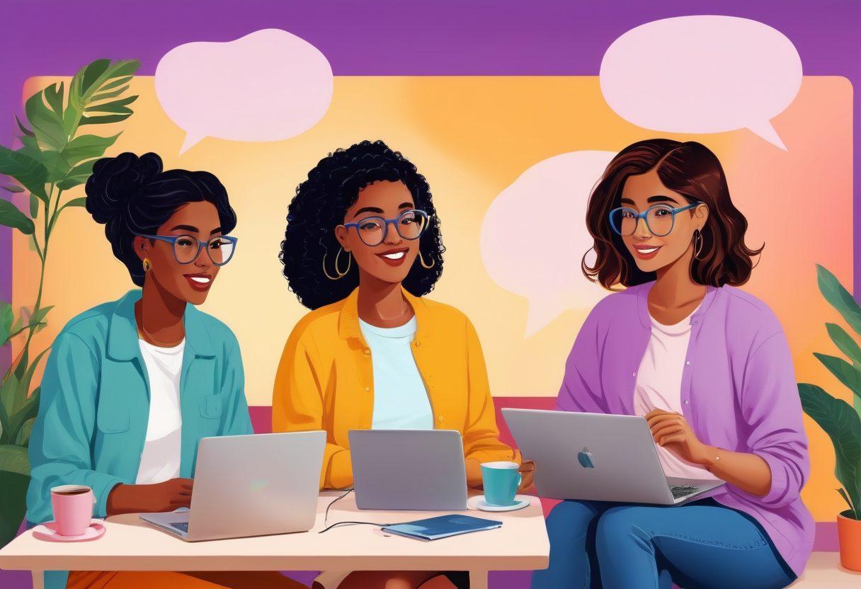 A vibrant illustration of diverse bloggers engaging in a lively online community, represented as a virtual café filled with colorful chat bubbles and interconnected laptops. Show a mix of genders, ethnicities, and ages collaborating over shared ideas and content. Include elements like coffee cups, plants, and books to create a warm and inviting atmosphere. The background should feature digital screens displaying creativity and connection through blogs. vector art. vibrant colors. lively atmosphere.