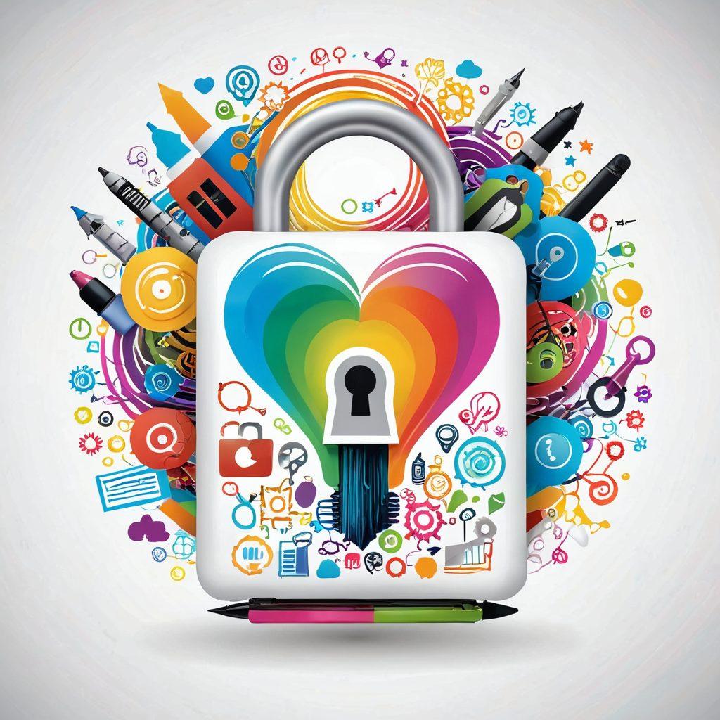 A whimsical, open lock with colorful blog-related icons like pens, laptops, and light bulbs bursting out, symbolizing creativity and knowledge. Surround the lock with vibrant thoughts represented as colorful swirling lines. In the background, a soft gradient to evoke a sense of growth and potential. super-realistic. vibrant colors. white background.
