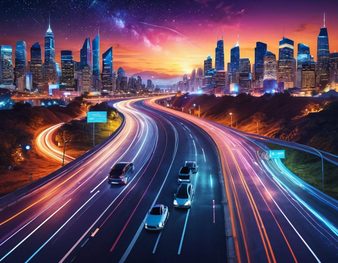 A vibrant collage showcasing a winding road symbolizing personal journeys, leading to a futuristic city representing technology. Include diverse people from various backgrounds sharing ideas and experiences, with digital devices like laptops and tablets scattered around. The sky transitions from a warm sunset to a tech-inspired night full of stars. This scene embodies exploration, connection, and innovation. super-realistic. vibrant colors. 3D.